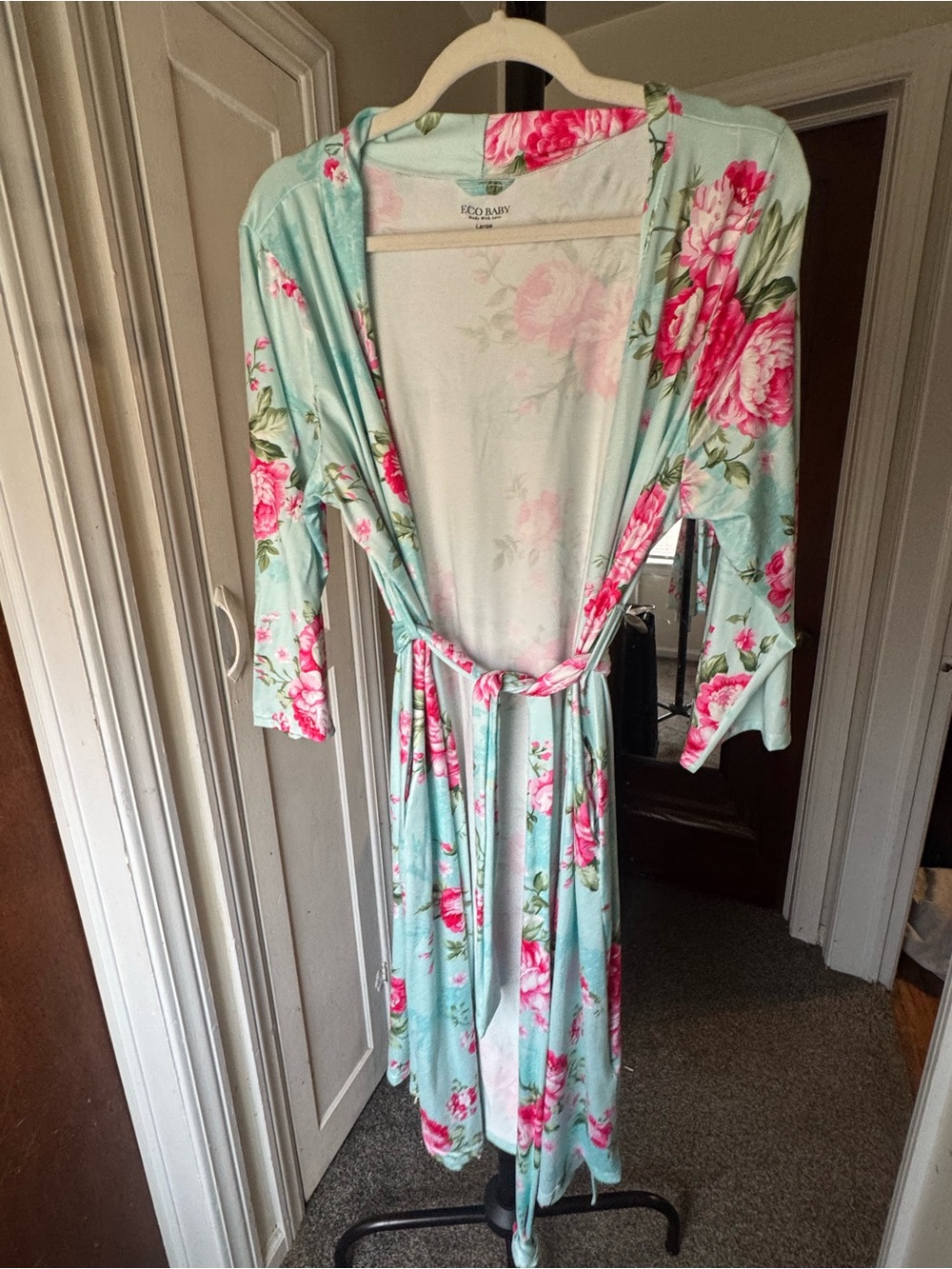 Floral Mint Wrap Robe with Pink Rose Print